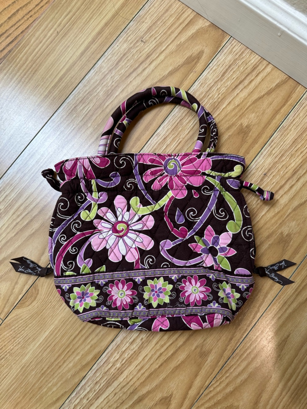 Vera Bradley Brown Floral Quilted Handbag with Pink & Green Accents